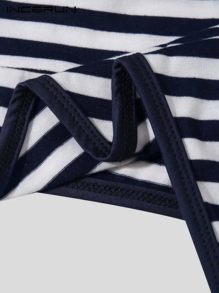 INCERUN Comfortable Homewear New Men's Sexy Striped Onesies Zipper Male All-match Simple Rompers Long Sleeve Jumpsuit S-5XL 2023