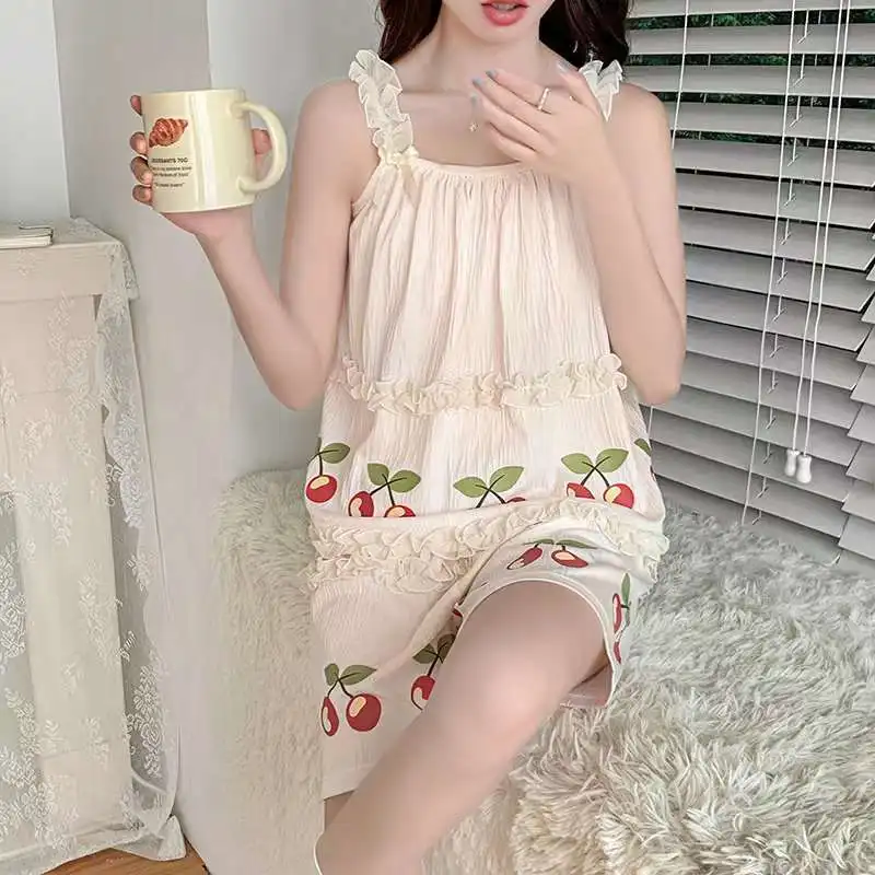 Women Girl Fashion Short Pajamas Sets Summer Wrinkled Sleepwear Cute Home Clothes