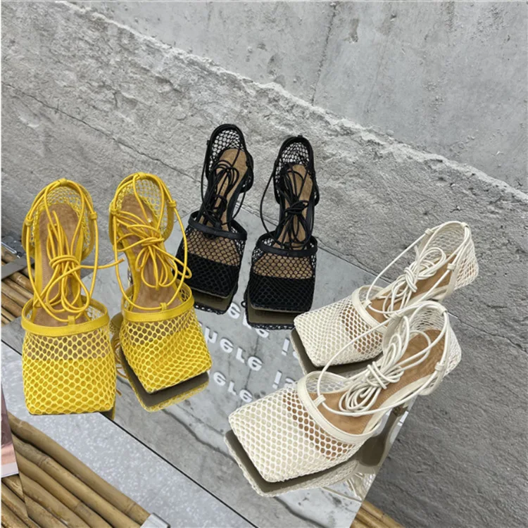

Женские босоножки на высоком каблуке, желтые сетчатые сандалии с квадратным носком, на шнуровке, с перекрестной шнуровкой, туфли-лодочки с в...