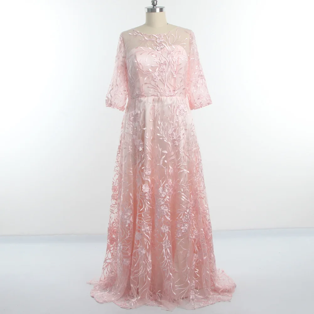 

Evening Dresses Pink Embroidery Half Sleeves O-neck A-line Floor length Zipper Plus size 2022 Women Formal Party Dress LF177