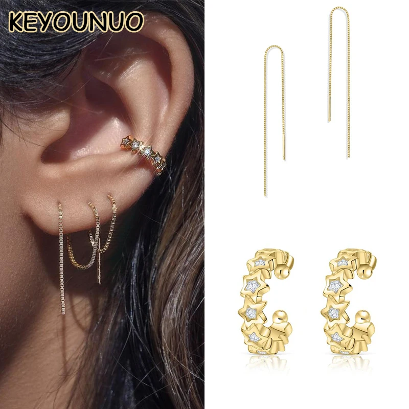 

KEYOUNUO 925 Sterling Silver Zircon Star EarCuff Earrings for Women Tassel Box Chain Threaders Earring Fashion Jewelry Wholesale