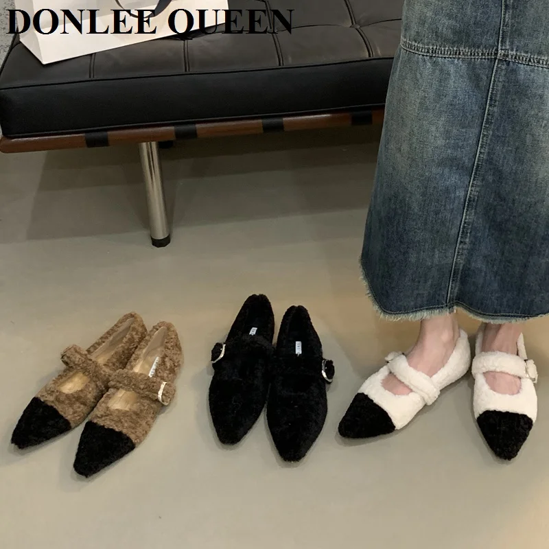 

Женские туфли на плоской подошве, повседневные лоферы, меховые Модные балетки с острым носком, Туфли Мэри Джейн, новинка 2023, модные плюшевые ...