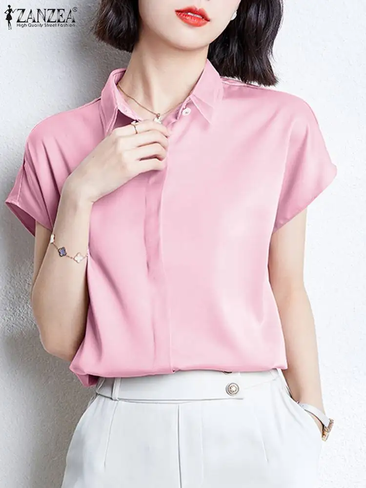 

Блузка ZANZEA Женская атласная с отложным воротником, элегантная повседневная рубашка в офисном стиле, с коротким рукавом, цветная с пэчворком, на пуговицах, на лето