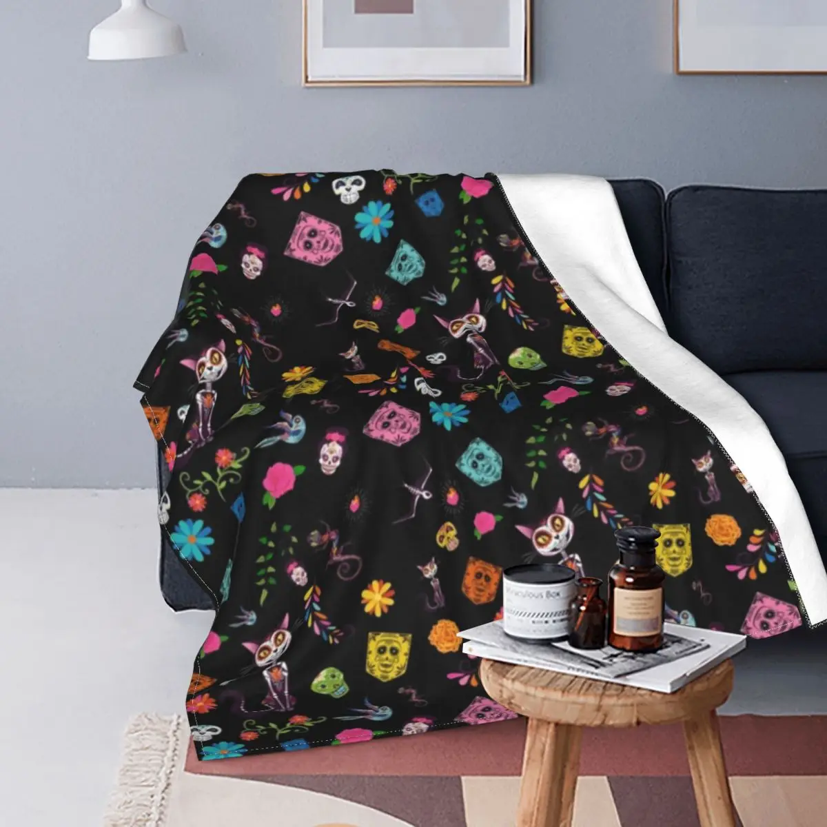 Одеяло с изображением сахарного черепа кота День мертвых удобное Флисовое