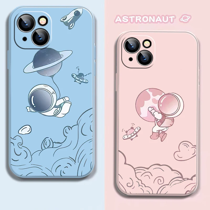 

Phone Case For iPhone 11 12 Pro MAX Mini 13 Pro MAX 6 6S 7 8 Plus X XS MAX XR SE 2020 Cute Astronaut Moon Liquid Silicone Cover