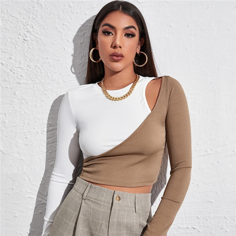 

Long Sleeve Crop Top Women Off Shoulder T-Shirts Sexy O-Neck Shirt Blouse Casual Slim Cropped Tops