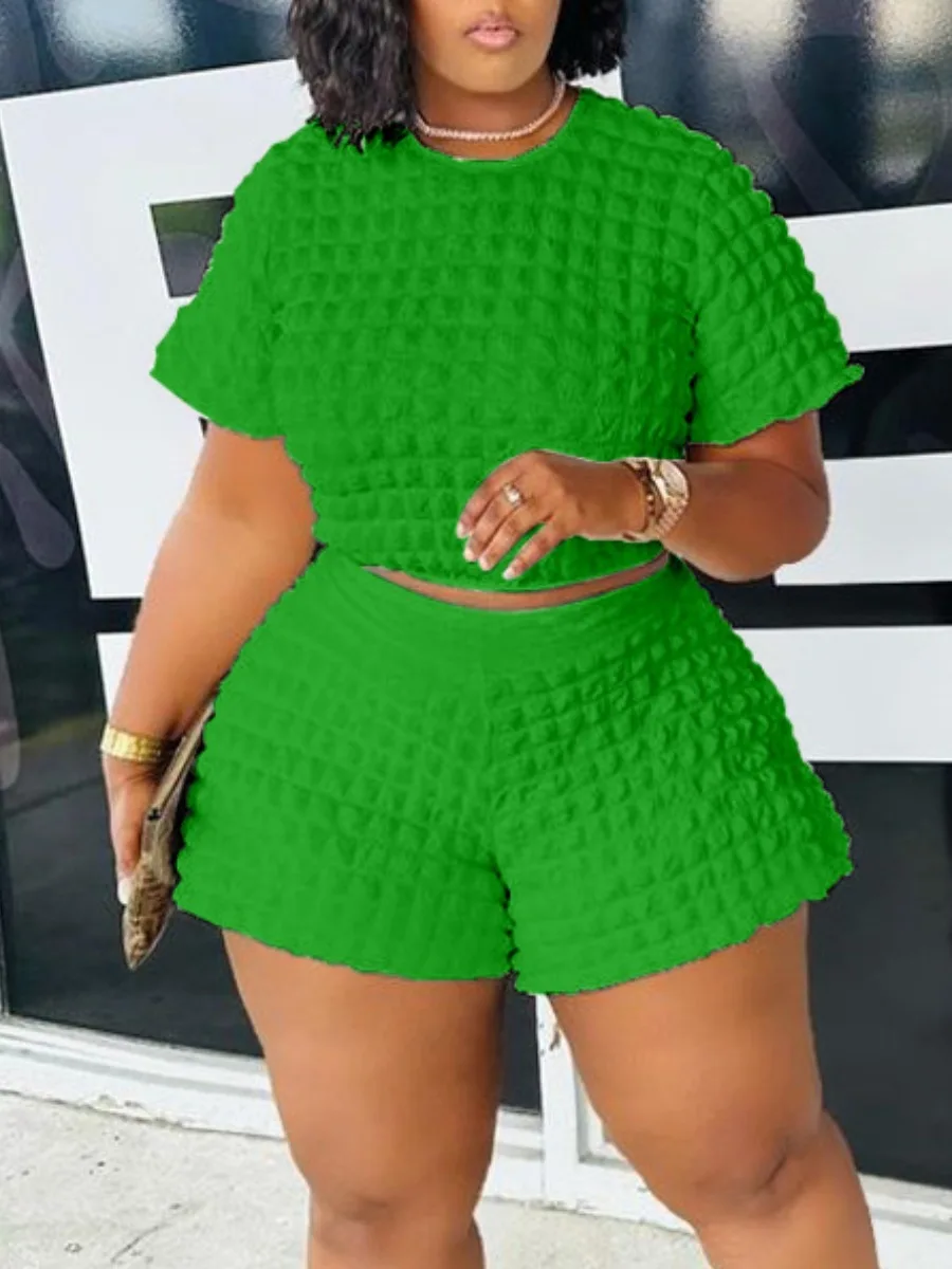 LW Plus Size summer two pieces set Crop Top Waffle Knit Shorts Set Women Summer Short Sleeve T-shirt & shorts Women's Suits