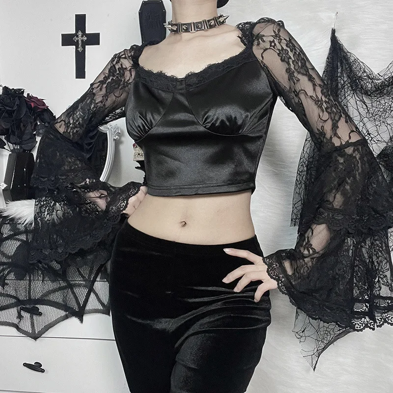 

Топ женский с расклешенным рукавом, пикантная облегающая тонкая короткая кружевная майка с прострочкой, в темноте