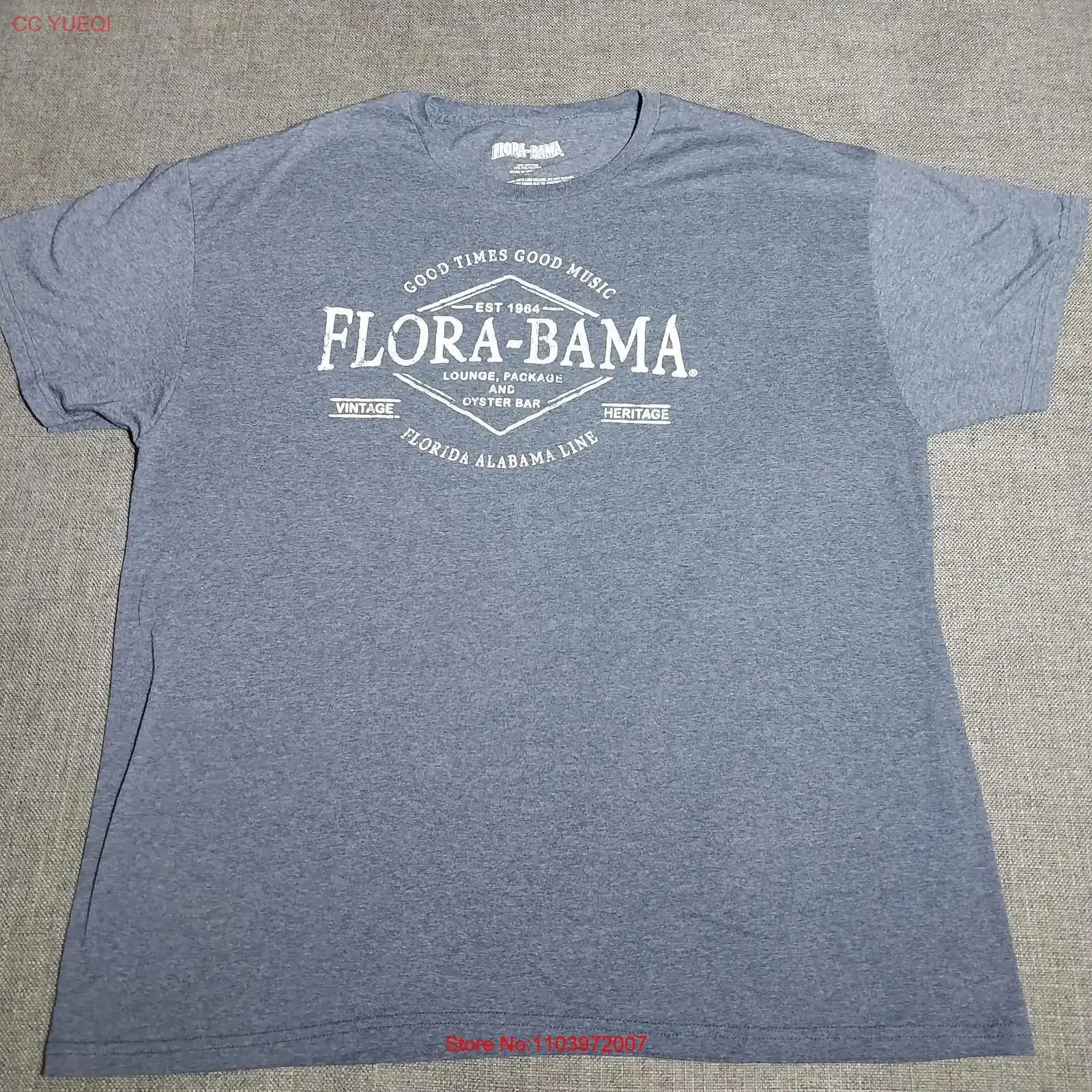 Фото Мужская футболка Flora Bama XL, серо-голубая, винтажная, с эффектом потертости, стильная, универсальная, с графическим принтом, дышащая, дизайнерская, мягкая №1