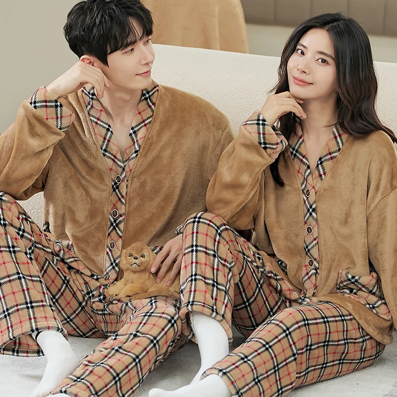 

Lovers Pajamas Sets Nightwear Sleep Suit Coral Velvet Shirt Pant V Neck Home Clothes 2Pcs Long Sleeves Casual Sleepwear