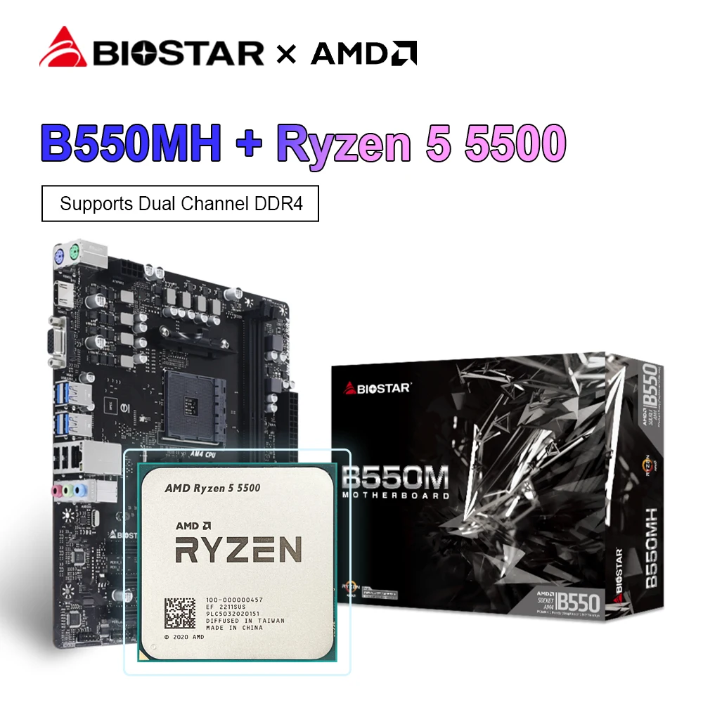 

BIOSTAR New GAMING B550MH Micro-ATX B550M Motherboard + AMD Ryzen 5 5500 R5 5500 CPU Processor DDR4 64G AM4 Motherboard Kit