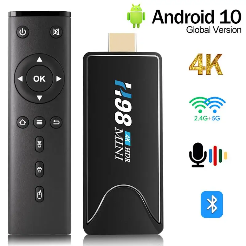 New 4K Android 10 Allwinner H313 Quad Core 2G 16G 2.4G+5G WiFi BT Smart Media Player H98 Mini TV Stick