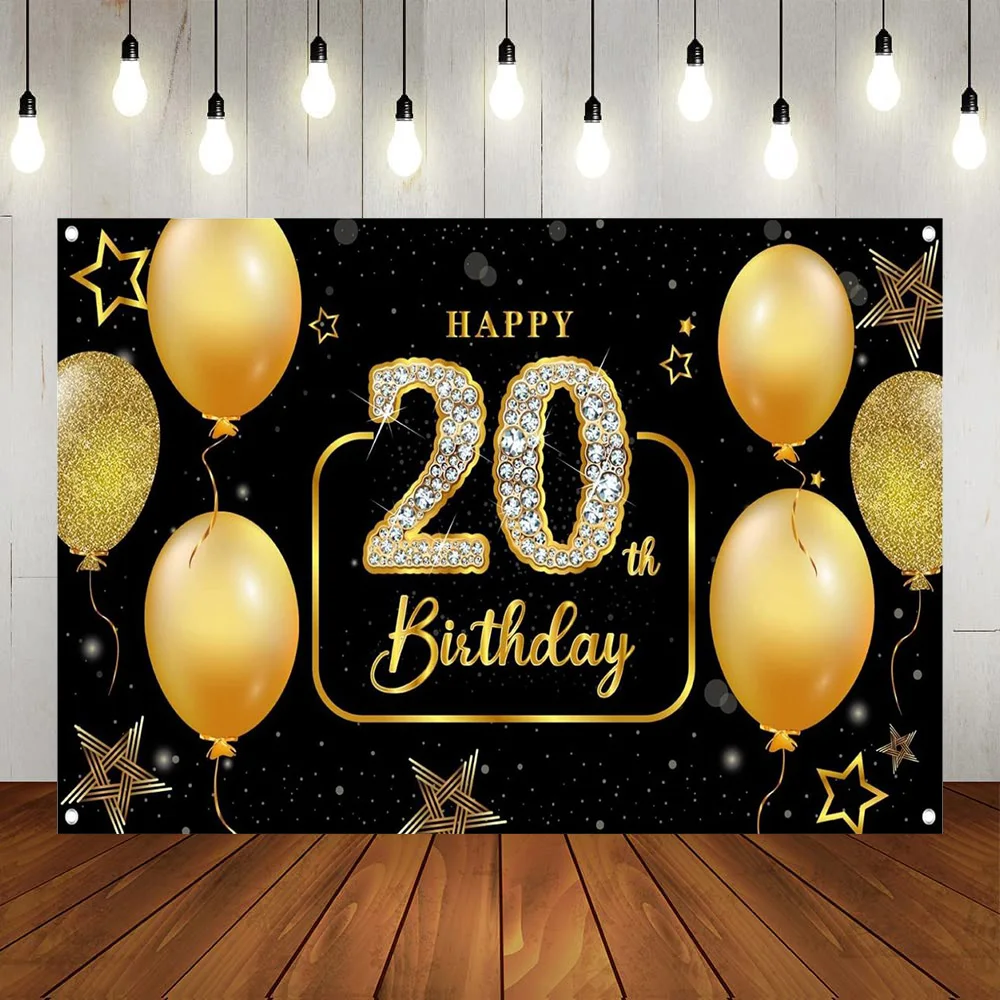 

Happy 20th Birthday Party Boys Girls Gift Backdrop Banner Black Gold Balloons Twenty Year Anniversary Suppiles Background Poster