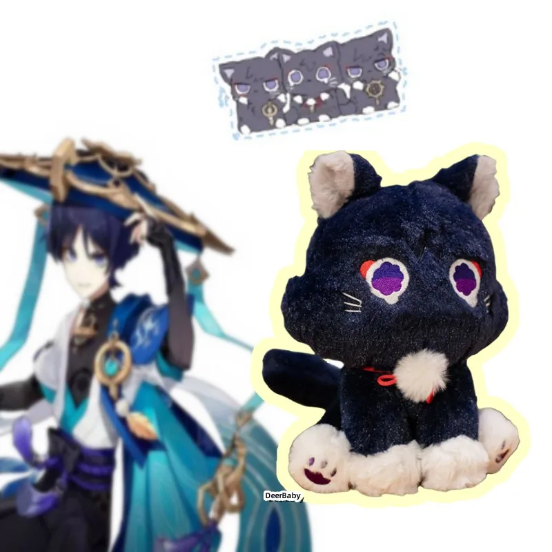 

25cm Game Genshin Black Cat Fluffy Impact Wanderer Pet Plush Toys Cartoon Cat Cosplay Doll Soft Stuffed Anime Pillow Gift Kids