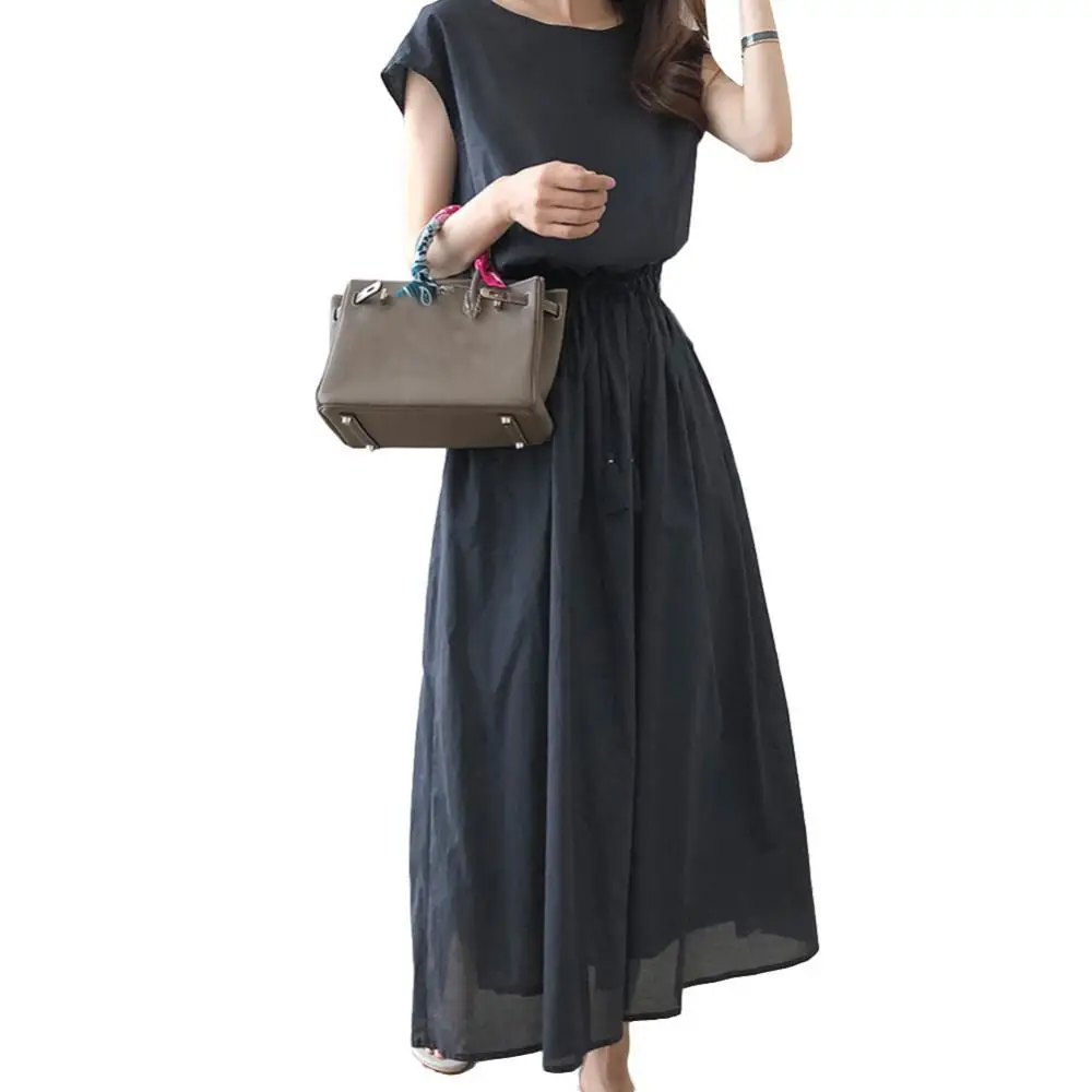 

Beach Summer Boho Dress for Women Solid Color Tassel Drawstring Short Sleeve Maxi Dress Women 2022 Black Dress XXL