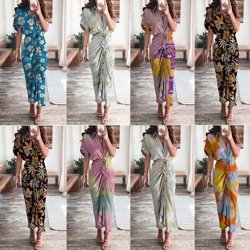

Chiffon Beach Style Trumpet Dress for Women Ankle-length Batwing Sleeve Fashion Printed Loose Lace-up Single Breasted Dresses