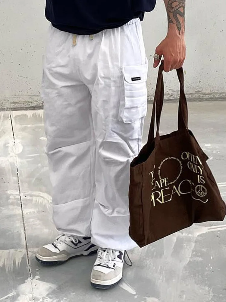 

Свободные брюки-карго для отдыха со множеством карманов, белые спортивные брюки, эстетичные Модные мужские летние брюки, уличная одежда Y2k, ...