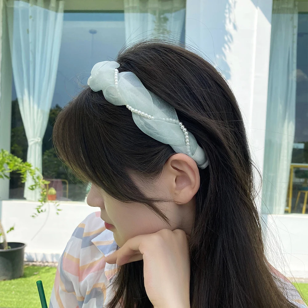 

Organza Hairbands for Girls Cross Braided Pearl Hair Hoop Korean Fashion Designer Headband Women Hair Accessories Headwear