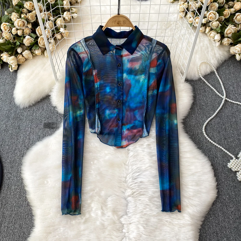 

Women Chic Print Top Slim Sexy Korean Single Breasted T-shirt Fashion Turn-down Collar Long Sleeve Summer Women Chiffon Shirt