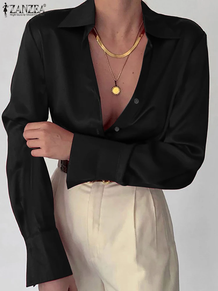 

2022 ZANZEA Stylish Satin Tunic Blouse Spring Women Shirts Work OL Solid Tops Oversized Long Sleeve Blusas Casual Loose Chemise
