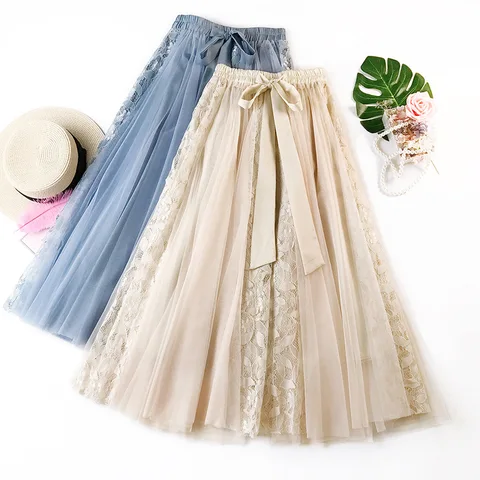 Elegant Women Lace Up Patchwork Mesh Tiered Skirts For Female Casual Loose A-Line High Waist Midi Tulle Skirt Bottoms SK52