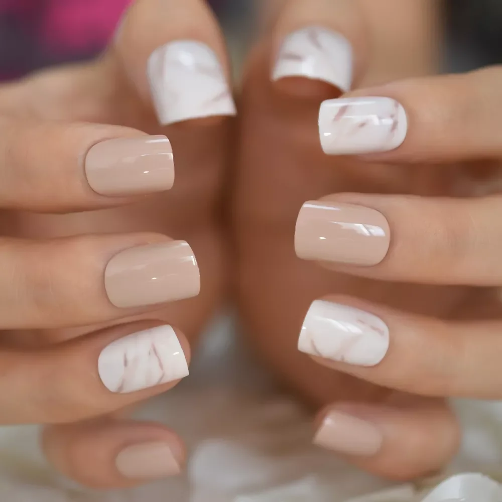 

NEW IN Nude Color Press On Nails Marble White Artificial False Nails Square Short Glossy Pattern Tips with Glue Sticker