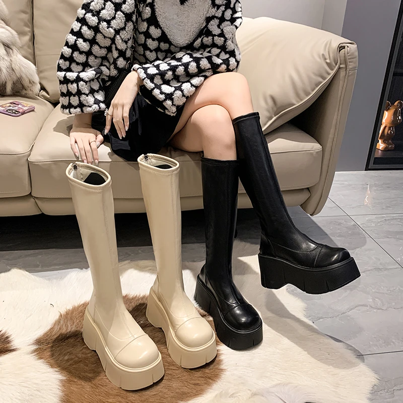 

Женские ботинки на высоком каблуке зимняя обувь сапоги-Женская Осенняя обувь с круглым носком сабо на платформе на шпильке на молнии 2022 кож...