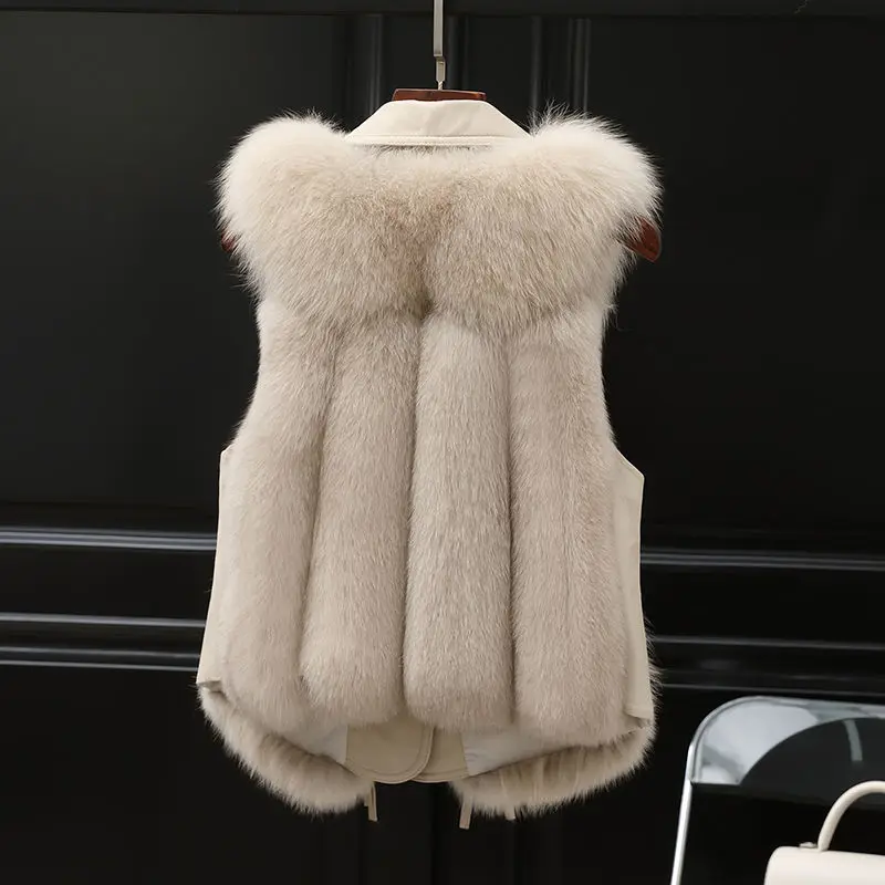 Parkas Women's Short Outdoors Coats Jackets Vests 2022 Winter Faux Fur Fox Hair PU Splicing Bandage Warm Fashion Waistcoat Woman
