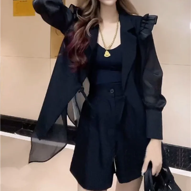 Internet Celebrity Elegant Fashion Suit Women's Western Style Mesh Casual Ruffled Suit Jacket Wide Leg Shorts Two-piece Set Fash