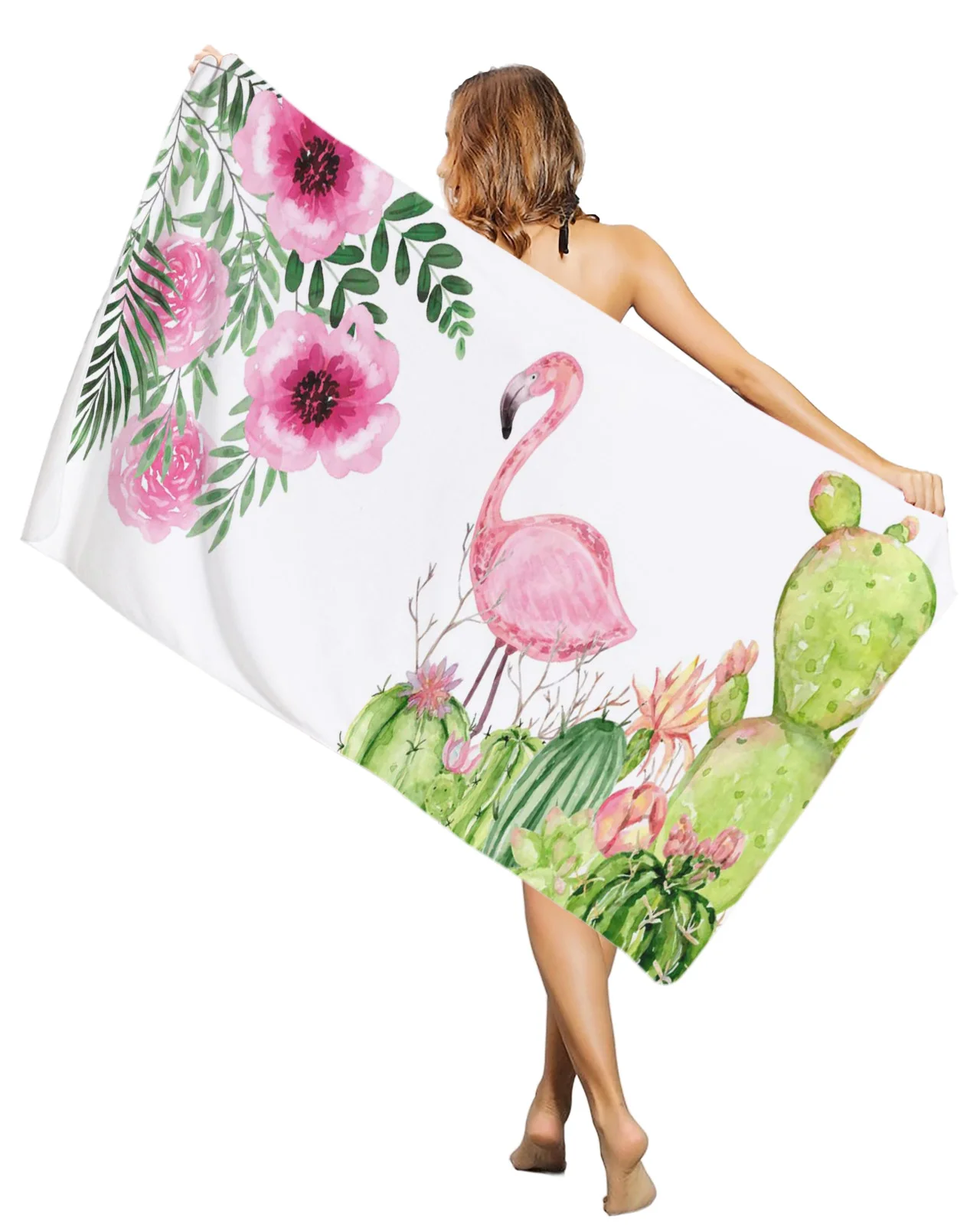 Тропическое растение кактус пляжные полотенца с цветами и фламинго большие