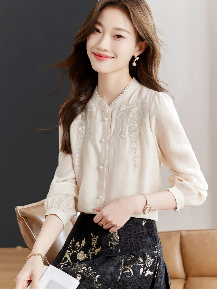 Осень 2024 новинка тяжелая промышленность вышивка новый китайский шифоновый топ