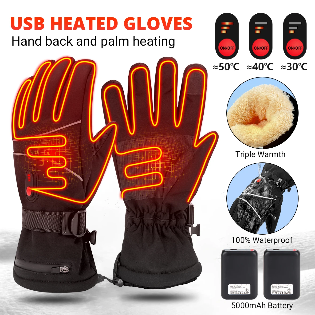 Лыжные перчатки с подогревом мотоциклетные электрическим зимние теплые батареи