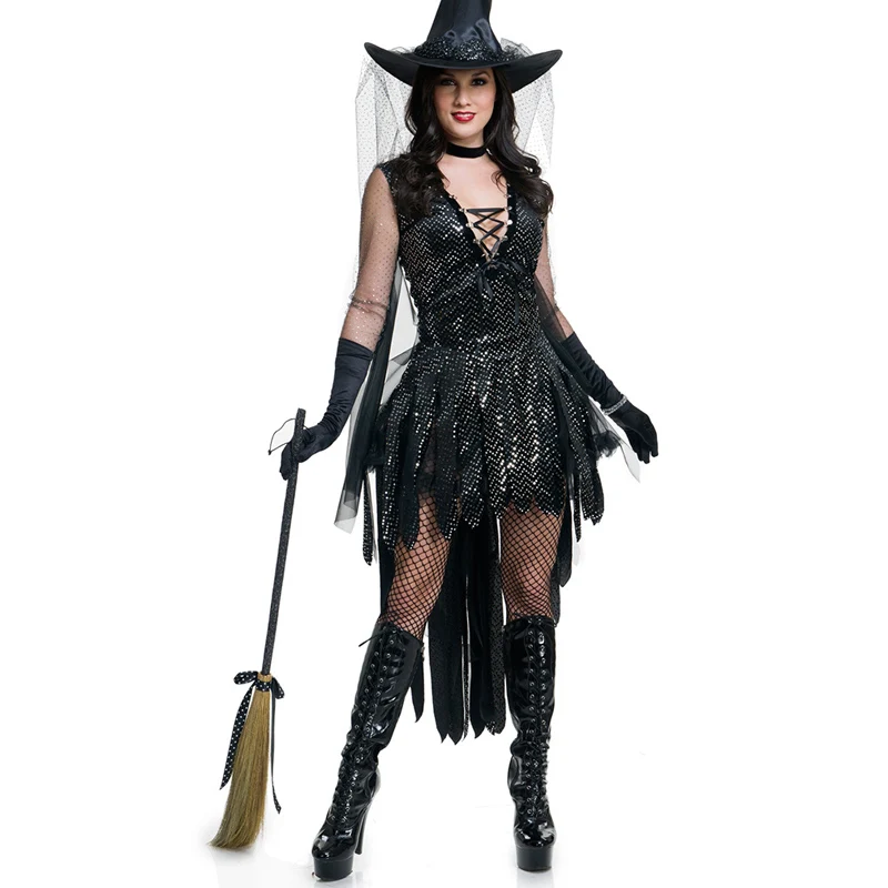 

Женский костюм ведьмы с Черными Блестками на Хэллоуин, нарядное платье для взрослых и женщин на день книги, плохой волшебник