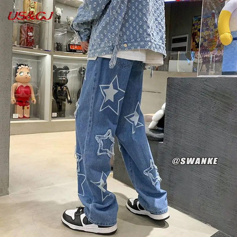 

S-3XL Oversized Star Embroidered Jeans Men's 2022 Autumn Fashion High Waist Trend Straight Pants Loose Retro Casual Pants Female