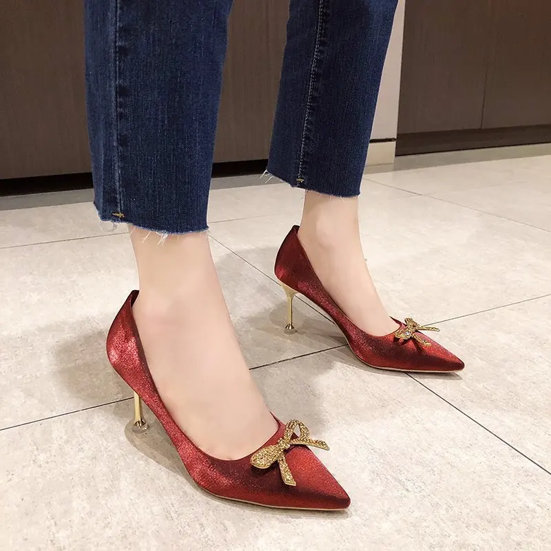 

Bridal Shoes Branded Pumps Slip On 2022 Summer High Heels Shallow Mouth Lace-Up Sandals Ladies Pointed Wedge Bride Fashion Slip-