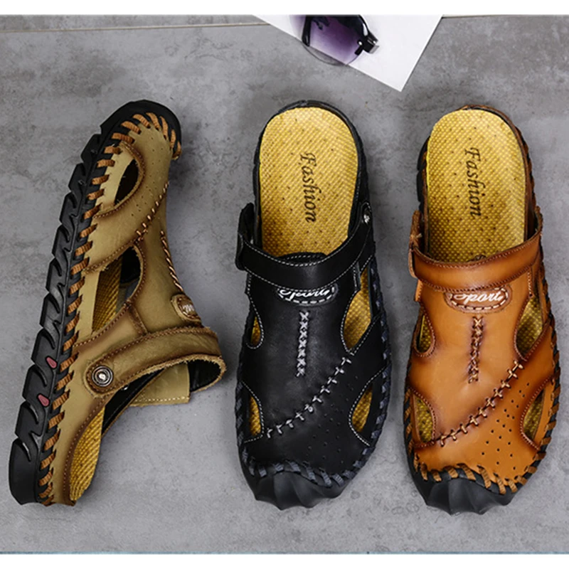 Летние мужские повседневные кожаные пляжные сандалии модные брендовые шлепанцы