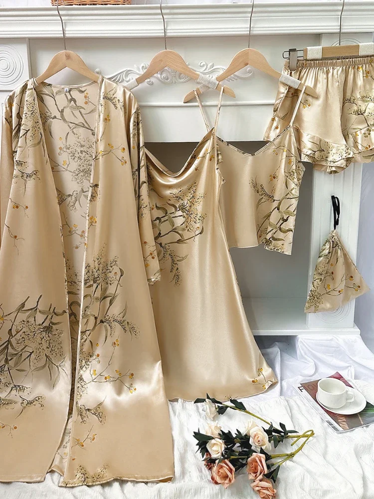 

2023 New All Season Simple Five-piece Printed Pajama Sets Thin Pajamas Suspenders Shorts Skirt Suit Long Sleeved Sleepwear Women