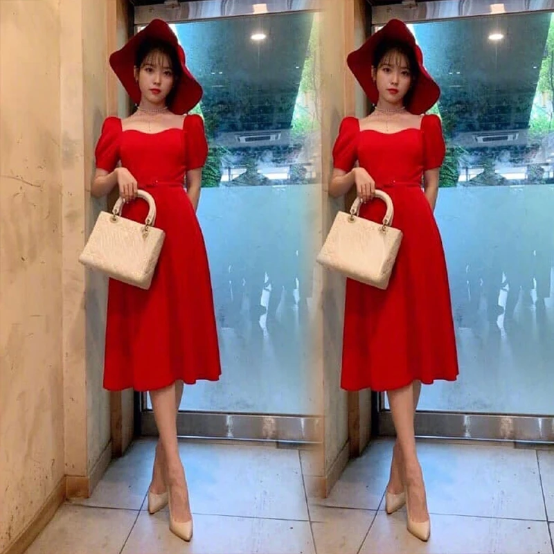 Kpop IU Korean Red Sexy V Neck Lady Party Dress Fashion Vintage Backless Long Dress Women Short Sleeve Summer New Casual Dresses
