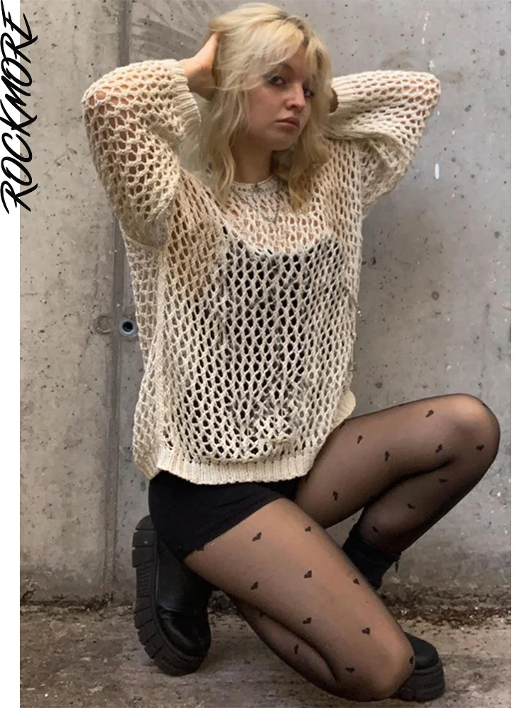 Rockmore сексуальный открытый свободный женский свитер с длинным рукавом Пуловеры Y2K винтажные Джемперы осенние топы с круглым вырезом гранж ф...