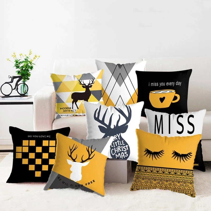 

Geometric Yellow Pillowcase 45x45cm Decorative Sofa Cushion Cover Deer Printed Pillow Car Bed Cushion Christmas Home Decor