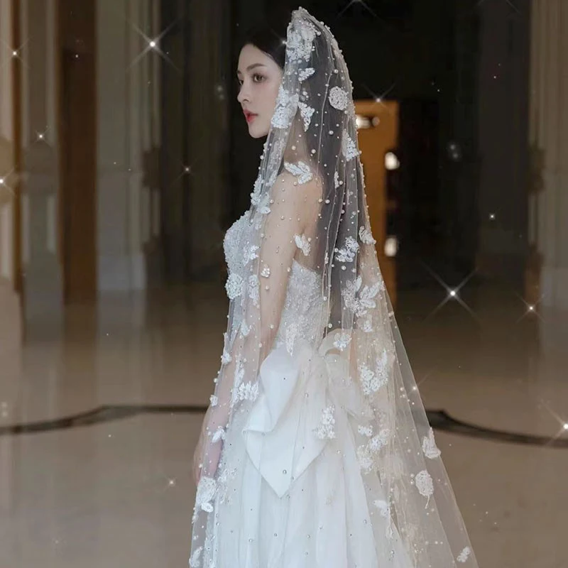 

Новый головной убор для невесты Свадебный лес головной убор тяжелая промышленность Жемчужное Кружево роскошный супер длинный шлейф мягкая...