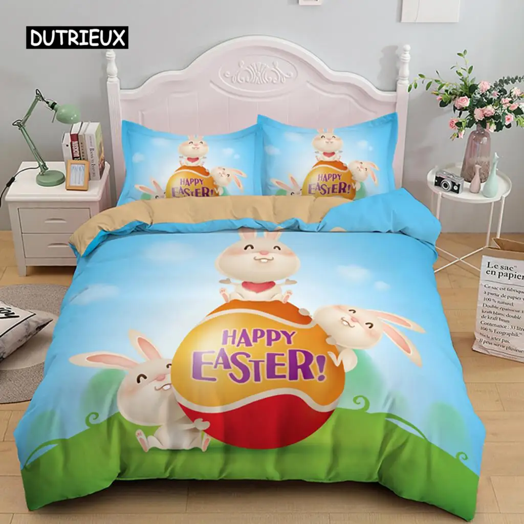 

Happy Easter Egg Rabbit King Queen Duvet Cover Cartoon Lovely Bunny Bedding Set Pet Animal Comforter Cover Polyester Quilt Cover