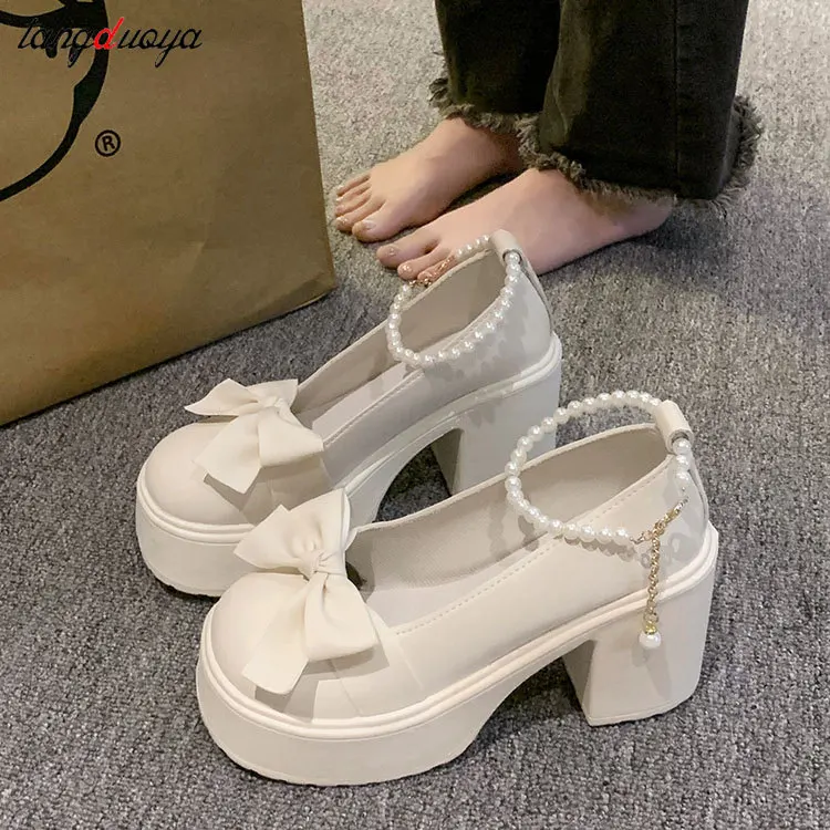 

Sweet Bowtie Chunky Platform Pumps for Women Super High Heels Buckle Strap Mary Janes Woman Thick Heel Goth Lolita Shoes Ladies