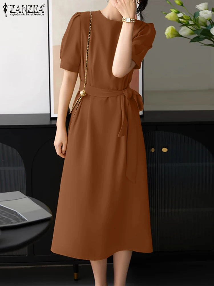 

Платье ZANZEA женское с пышными рукавами и круглым вырезом, элегантный винтажный Модный Однотонный сарафан на шнуровке, лето 2023