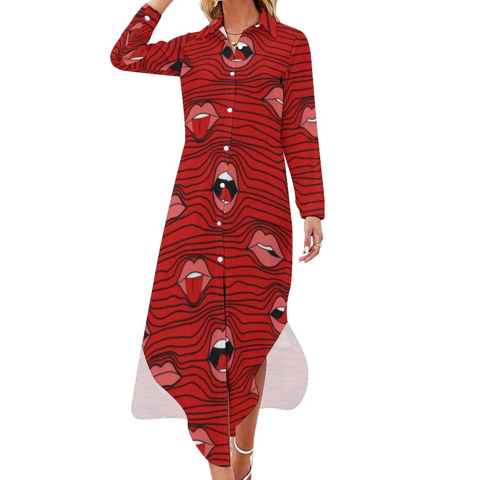 

Lips Print Casual Dress Funny Mouths Street Fashion Dresses Sexy V Neck Kawaii Chiffon Dress Long Sleeve Vestido Big Size 6XL