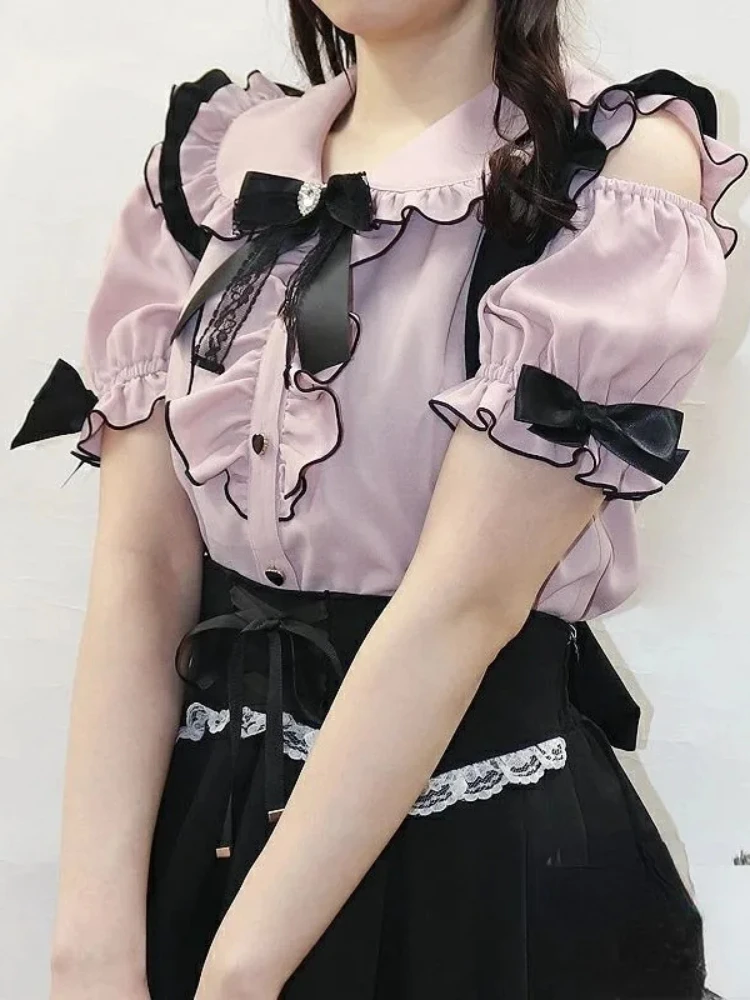 Hikigawa Kawaii Girls Bow Patchwork Chic Fashion Blouse Women Off Shoulder Sweet Elegant Shirt All Match Blusas Top Ropa Mujer