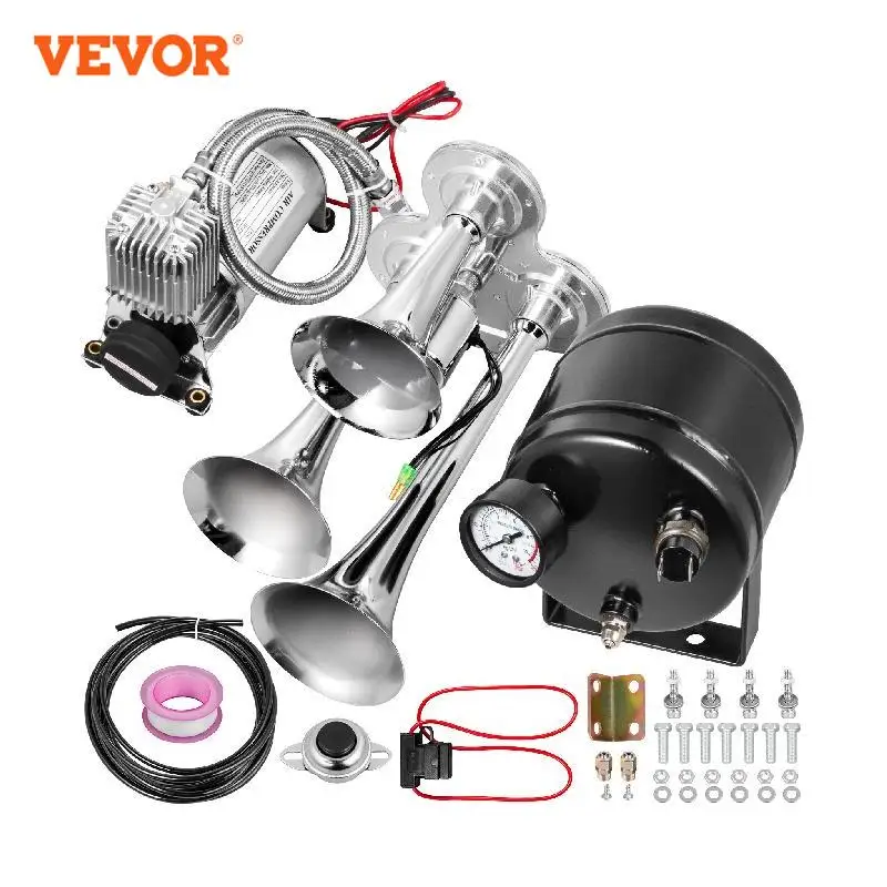 

VEVOR 3 / 4 Trumpets 12V Air Horn Train Horns Kit 135 /150 DB Loud Max 150 PSI Working Pressure for Truck Cars SUV Boat Tractor