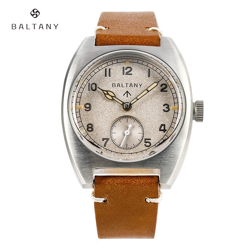 

Men 36mm Black Dial Pilot Watch ST1702 Automatic 10Bar Bubble Sapphire Tonneau Case Vintage Military Mechanical Wristwatches