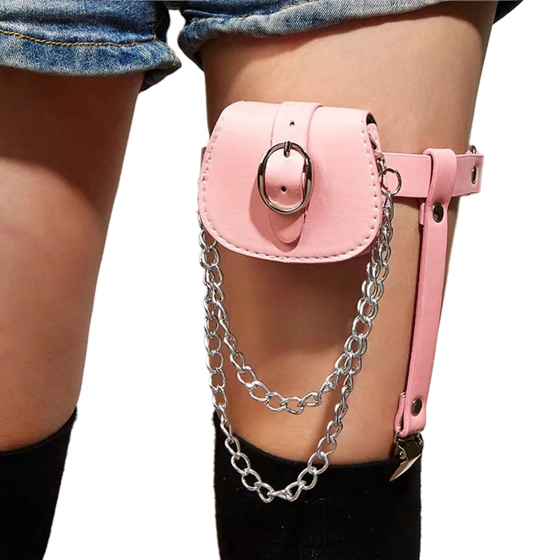 

PU Leather Thigh Chain Anti-slip Belt Elastic with Storage Bag Harness Nightclub Leg Accessories for Women and Girls T8DE