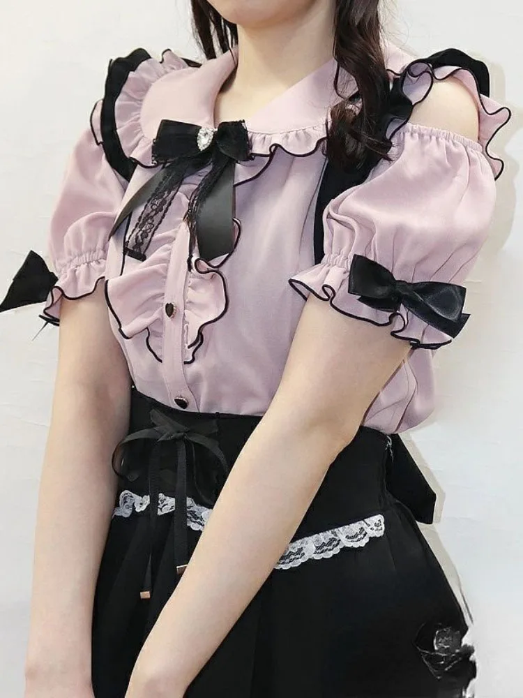 

Sweet Lolita Fashion All Match Blouses Women Japanese Summer Y2k Aesthetic Ruffled Bow Shirts Girly Kawaii Patchwork Tops Blusas